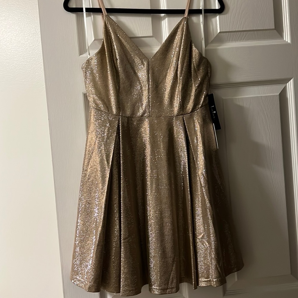 Gold skater style dress from Lulu’s
